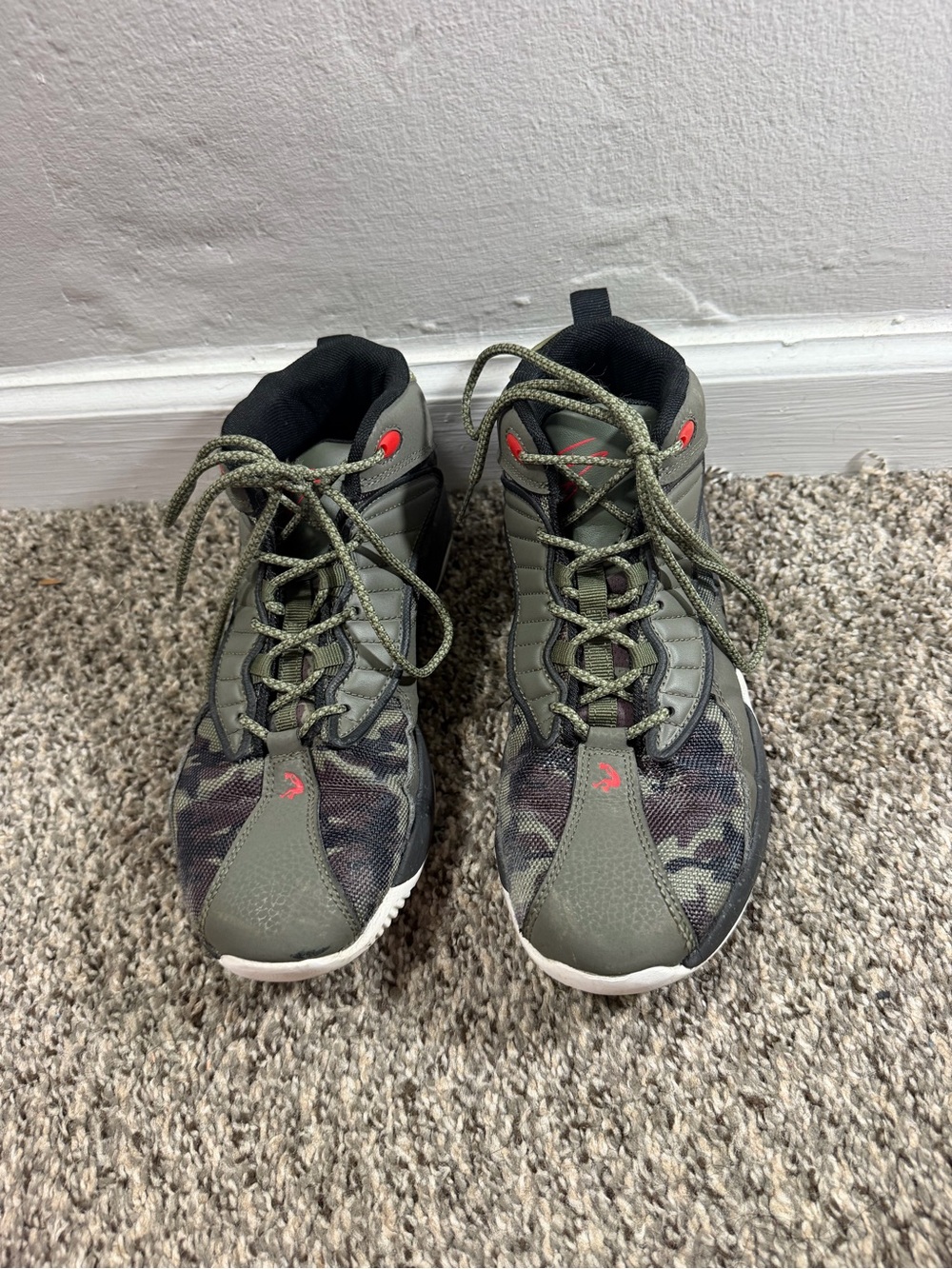 Jordan Olive Green Camo High-Top Sneakers with Red Accents